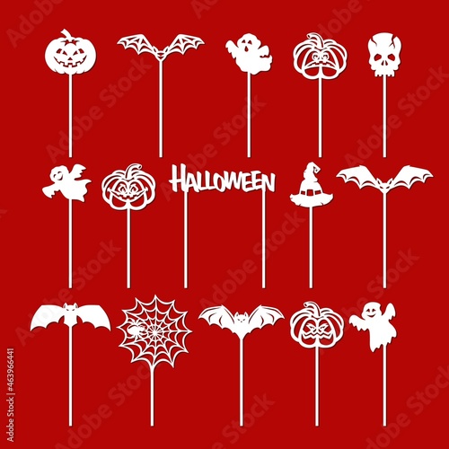 Set of mini toppers for Halloween. Cake decoration on a stick in the shape of a pumpkin, bat, skull, magic witch hat, funny ghosts, spider web, lettering. Vector template for plotter laser cut, cnc.