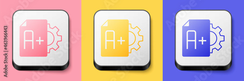 Isometric Exam sheet with A plus grade icon isolated on pink, yellow and blue background. Test paper, exam, or survey concept. School test or exam. Square button. Vector