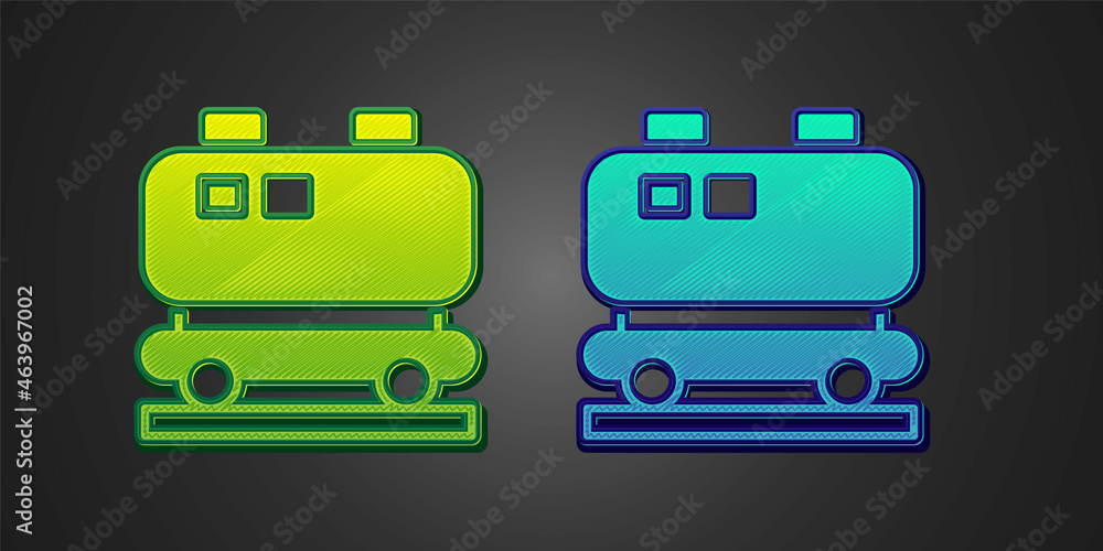 Green and blue Oil railway cistern icon isolated on black background. Train oil tank on railway car. Rail freight. Oil industry. Vector Green and blue Oil railway cistern icon isolated on black background. Train oil tank on railway car. Rail freight. Oil industry. Vector