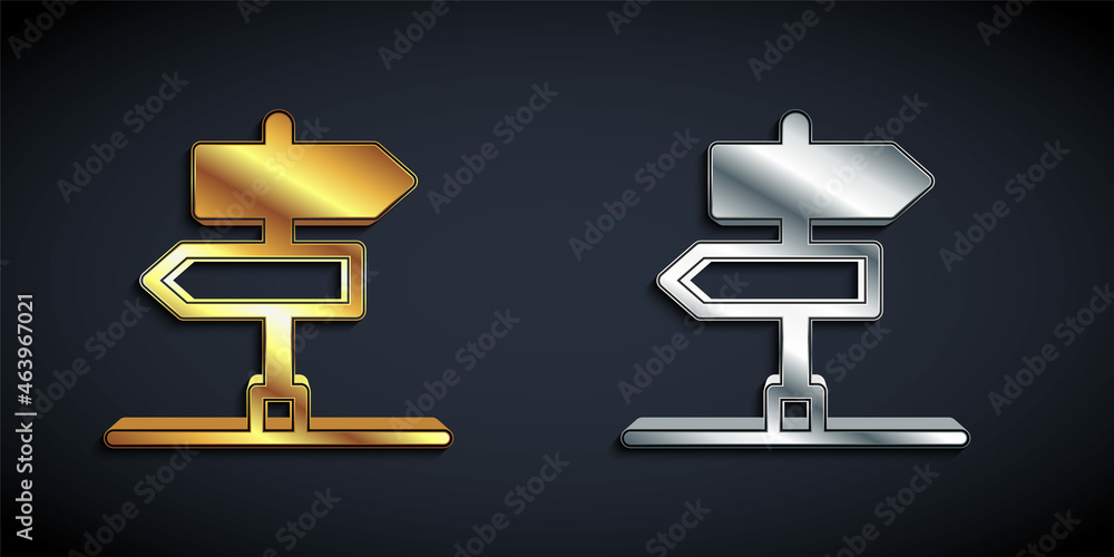 Gold and silver Road traffic sign. Signpost icon isolated on black background. Pointer symbol. Isolated street information sign. Direction sign. Long shadow style. Vector Gold and silver Road traffic sign. Signpost icon isolated on black background. Pointer symbol. Isolated street information sign. Direction sign. Long shadow style. Vector