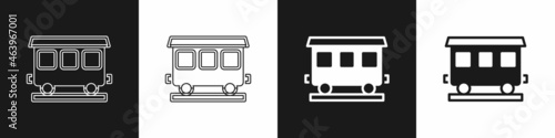 Set Passenger train cars icon isolated on black and white background. Railway carriage. Vector