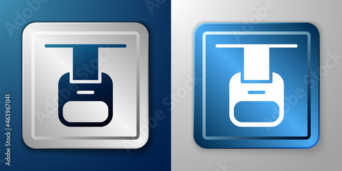 White Cable car icon isolated on blue and grey background. Funicular sign. Silver and blue square button. Vector