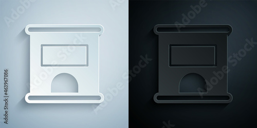 Paper cut Ticket office to buy tickets for train or plane icon isolated on grey and black background. Buying tickets. Ticket service. Paper art style. Vector
