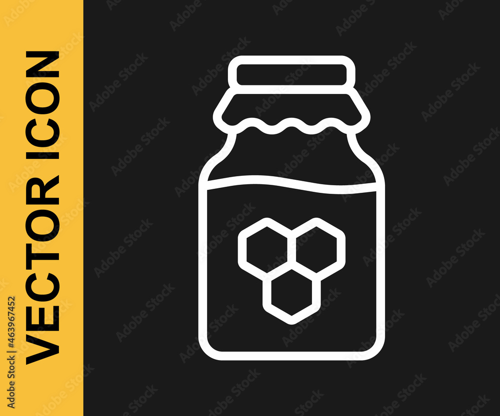 White line Jar of honey icon isolated on black background. Food bank. Sweet natural food symbol. Vector White line Jar of honey icon isolated on black background. Food bank. Sweet natural food symbol. Vector