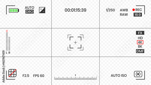 Camera viewfinder video or photo frame recorder flat style design vector illustration. Digital camera viewfinder with exposure settings and focusing grid template.
