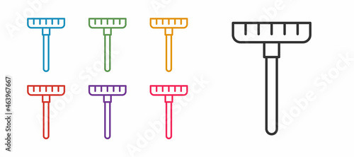 Set line Garden rake icon isolated on white background. Tool for horticulture, agriculture, farming. Ground cultivator. Housekeeping equipment. Set icons colorful. Vector