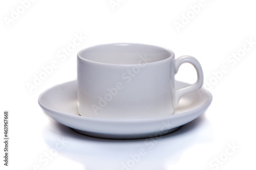 white coffee cup with saucer on white isolated background