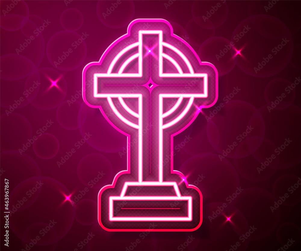 Glowing neon line Tombstone with cross icon isolated on red background. Grave icon. Happy Halloween party. Vector Glowing neon line Tombstone with cross icon isolated on red background. Grave icon. Happy Halloween party. Vector