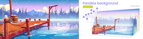 Parallax background wooden pier on winter lake, pond or river 2d landscape, wintertime nature snowflakes fall on water cartoon scenery view with separated layers for game scene, Vector illustration