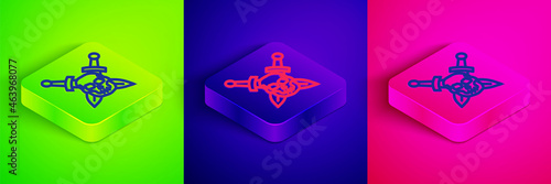 Isometric line Crossed medieval sword with skull icon isolated on green, blue and pink background. Medieval weapon. Square button. Vector