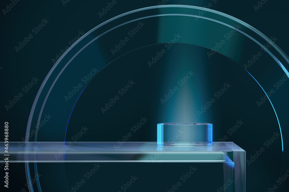 Glass platform on blue background, Background for product presentation. 3d rendering Glass platform on blue background, Background for product presentation. 3d rendering
