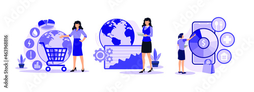 World consumption, Intermediate consumption, Household consumption . World economy abstract concept vector illustrations.