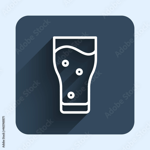 White line Glass of beer icon isolated with long shadow background. Blue square button. Vector