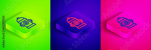 Isometric line Fire hydrant icon isolated on green, blue and pink background. Square button. Vector