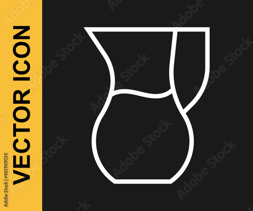 White line Jug glass with water icon isolated on black background. Kettle for water. Glass decanter with drinking water. Vector