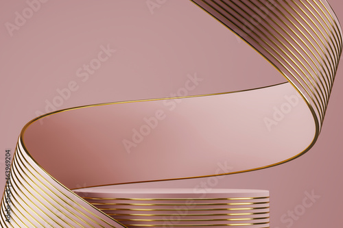 Pink podium on abstract soft background, pink ribbon and gold line texture bending around podium. minimal background for product presentation. 3d rendering