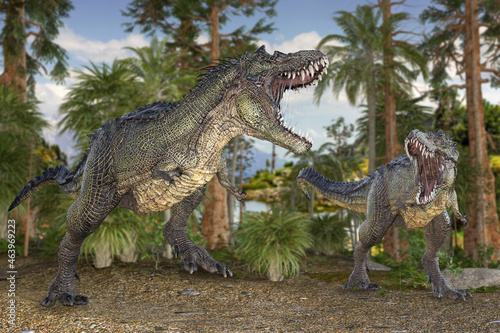 森でよだれを垂らしながら威嚇する二頭のアロサウルスみたいな恐竜 © iARTS_stock