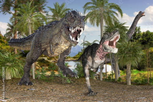 ブラキオサウルスがいる森で小さな肉食恐竜を食べようと追いかけるアロサウルスみたいな恐竜 © iARTS_stock