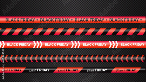 Black Friday red warning tapes, ribbobs. Template for black Friday sale. Background with danger tapes, police ribbon sign variation. Vector illustration.