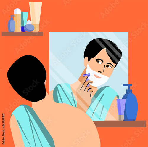 Man shaving his face with razor after applying foam cream in front of mirror.  Asian man applying shaving cream on His Face. Illustration in a flat cartoon style