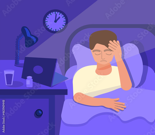 man is lying in bed with his laptop turned on and suffers from insomnia. Overwork. Deadline. Work at night. A man can't sleep because of problems. Illustration in a flat cartoon style