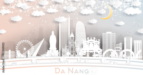 Da Nang Vietnam City Skyline in Paper Cut Style with White Buildings, Moon and Neon Garland.