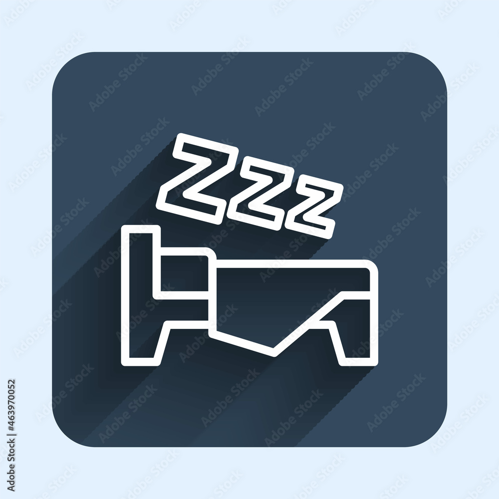 White line Time to sleep icon isolated with long shadow background. Sleepy zzz. Healthy lifestyle. Blue square button. Vector White line Time to sleep icon isolated with long shadow background. Sleepy zzz. Healthy lifestyle. Blue square button. Vector