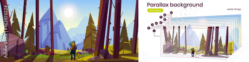 Parallax background traveler at forest with mountains view 2d scenery nature landscape. Travel journey, adventure game. Tourist with backpack, cartoon view with separated layers, Vector illustration