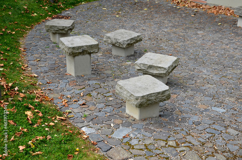 Canvas Print benches in the shape of mushrooms made of solid carved stone