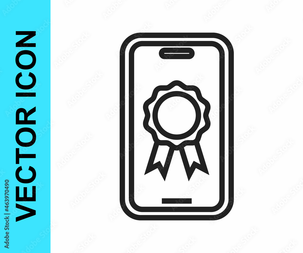Black line Online education with diploma icon isolated on white background. Diploma online at home. Webinar and video seminar learning. Vector Black line Online education with diploma icon isolated on white background. Diploma online at home. Webinar and video seminar learning. Vector
