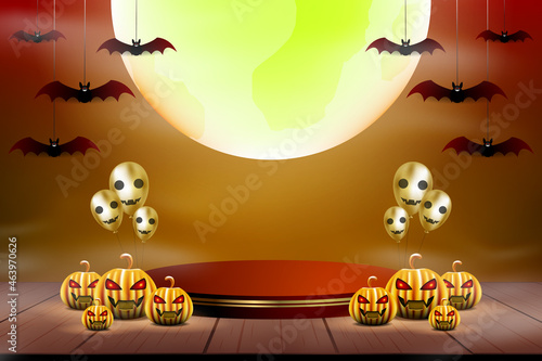 podium stage with halloween element and wood floor on 3d illustration