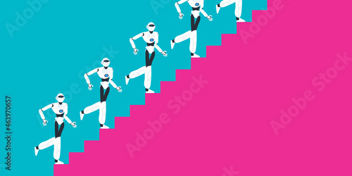 robots humanoid going up the  stairs vector illustration