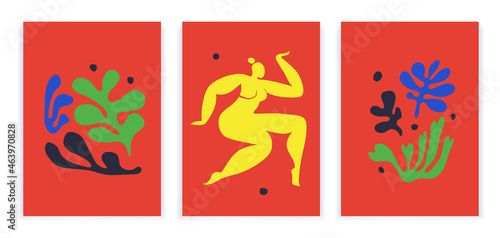 Woman dancing. Posters Abstract art inspired by Henry Matisse. Cut out woman and different plants on a red background. Contemporary trendy Vector illustration of vertical posters isolated. photo