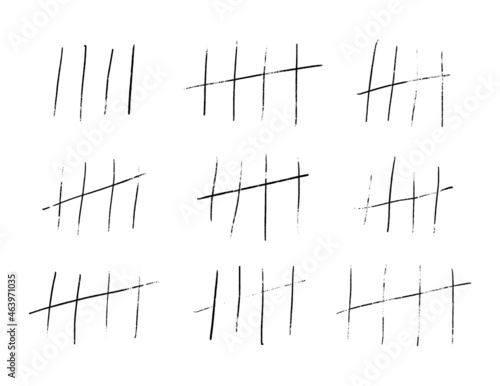 A scratched count of five days. Tally marks or prison stick lines counter isolated. Vector illustration of waiting counted by scratches.