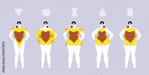 Women of different body types isolated. Vector illustration of chubby girls with triangle, circle, hourglass and rectangle signs. Curvy women in swimsuits keep their hands at the waist.