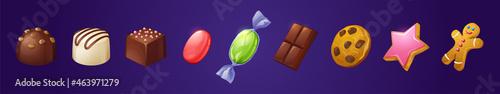 Set of sweets and bakery desserts, chocolate bar, sweet choco candies with praline, nuts or cocoa topping, caramel, crispy cookie and xmas gingerbread star and man patisserie assortment, Vector icons