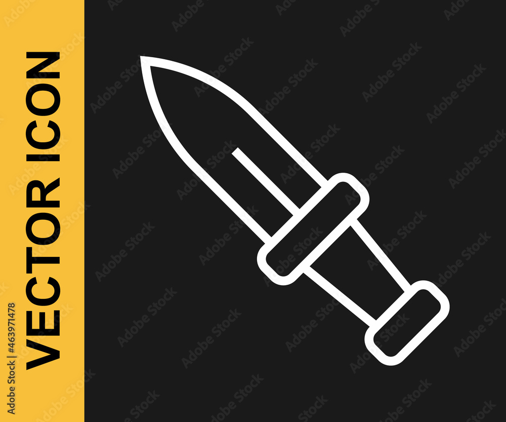 White line Dagger icon isolated on black background. Knife icon. Sword with sharp blade. Vector White line Dagger icon isolated on black background. Knife icon. Sword with sharp blade. Vector