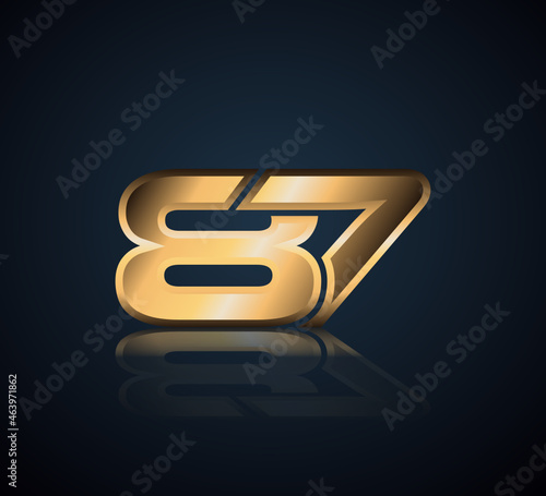 87 Gold Number Logo 3D Shine in Dark Background with Realistic Reflection
