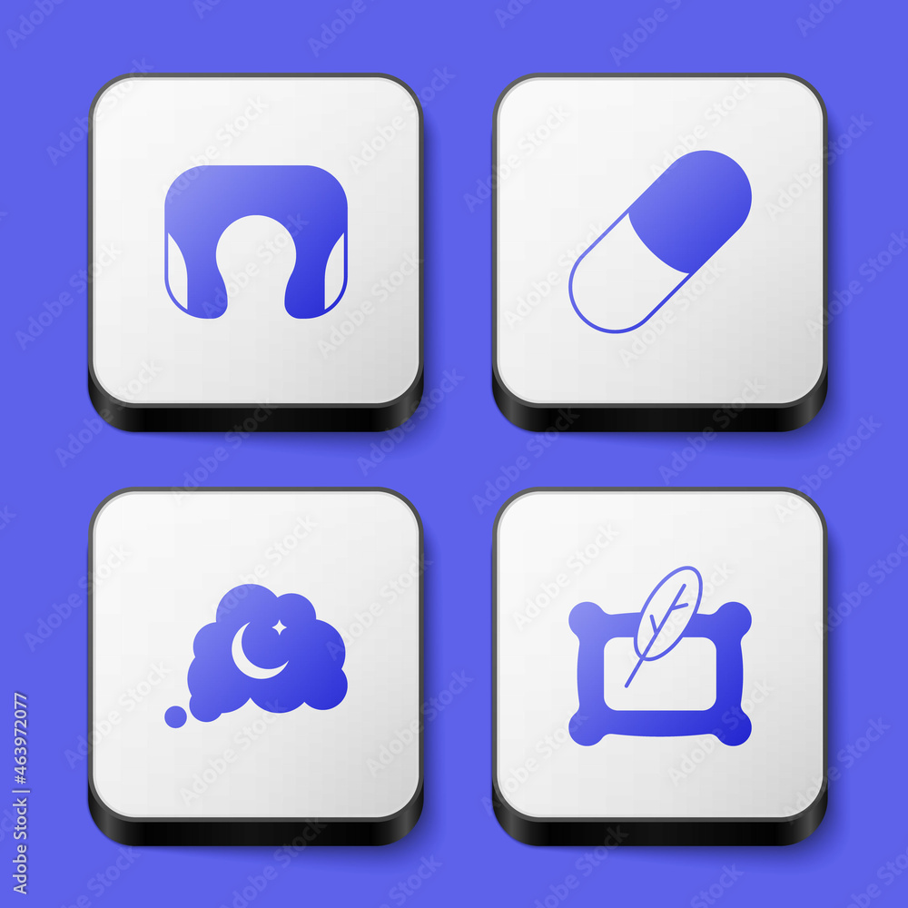 Set Travel neck pillow, Sleeping, Dreams and Pillow icon. White square button. Vector