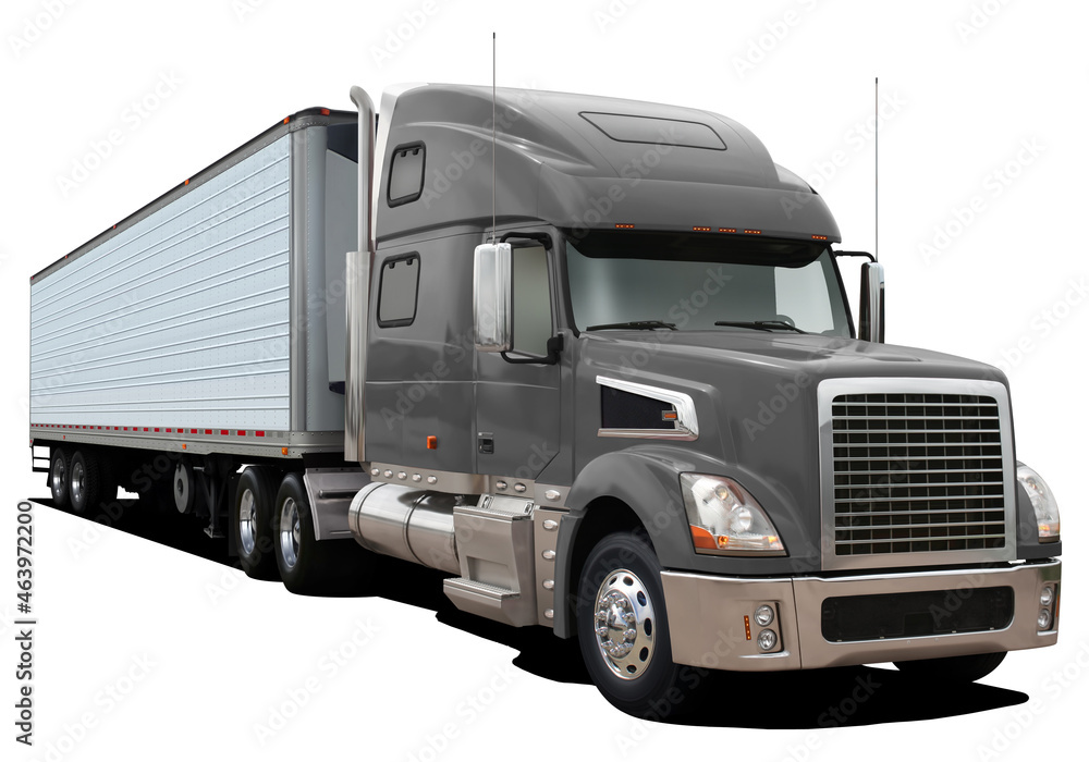 Modern truck with a semi-trailer and a gray cab. Front side view isolated on white background. Modern truck with a semi-trailer and a gray cab. Front side view isolated on white background.