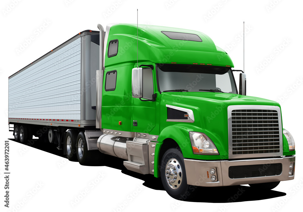 A modern American truck with a semi-trailer and a green cab. Front side view isolated on white background.