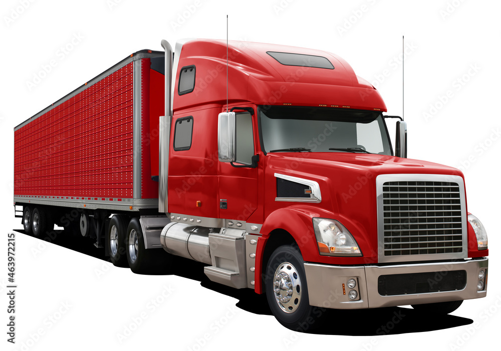 Modern Truck With Semi trailer In Completely Red Color Front Side View Modern Truck With Semi trailer In Completely Red Color Front Side View