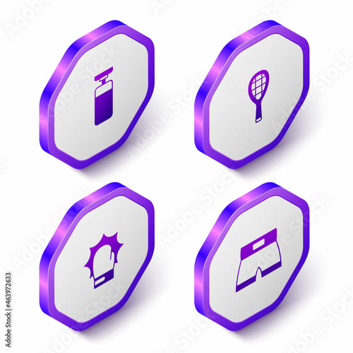 Set Isometric Punching bag, Tennis racket, boxing gloves and Boxing short icon. Purple hexagon button. Vector