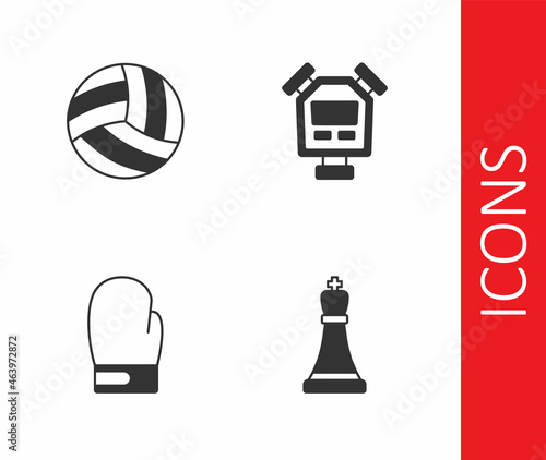 Set Chess, Volleyball ball, Boxing glove and Stopwatch icon. Vector