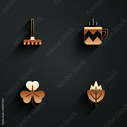 Set Garden rake, Cup of tea, Clover and Leaf icon with long shadow. Vector