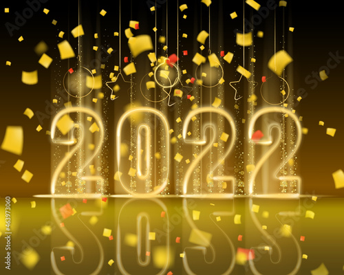 2022 New Year shiny gold color shiny numbers banner. Realistic text flash light, golden particles, glitter, sparkles dust, black background. Vector illustration greeting card