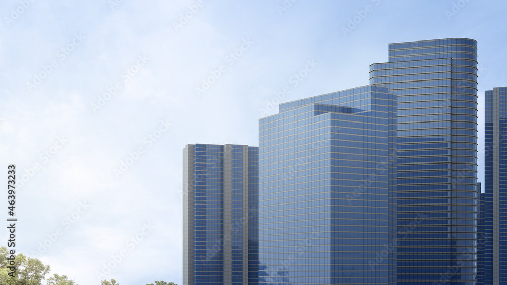 Steel structure building near tree in public garden. 3D rendering of modern architecture facade with blue sky background. Steel structure building near tree in public garden. 3D rendering of modern architecture facade with blue sky background.