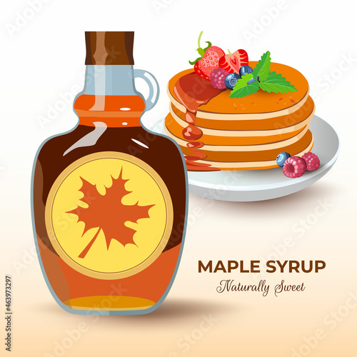 Bottle of natural sweet maple syrup with stacked pancakes with blueberry, strawberry and raspberry on banner. Classic hotel breakfast, brunch healthy start day. Vector illustration.
