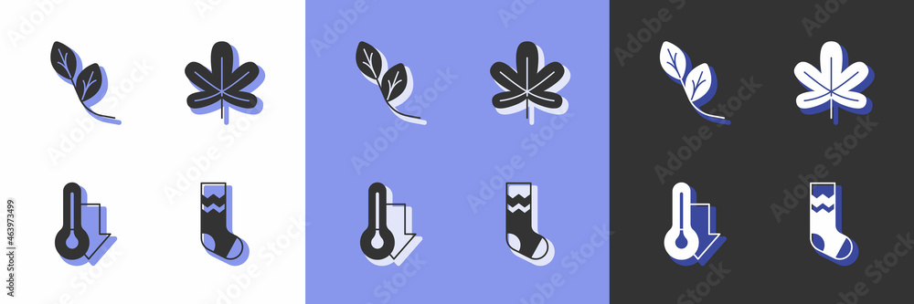 Set Socks, Leaf, Thermometer and Chestnut leaf icon. Vector