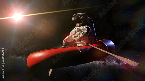 astronaut in rubber boat, explorer in surreal scene 